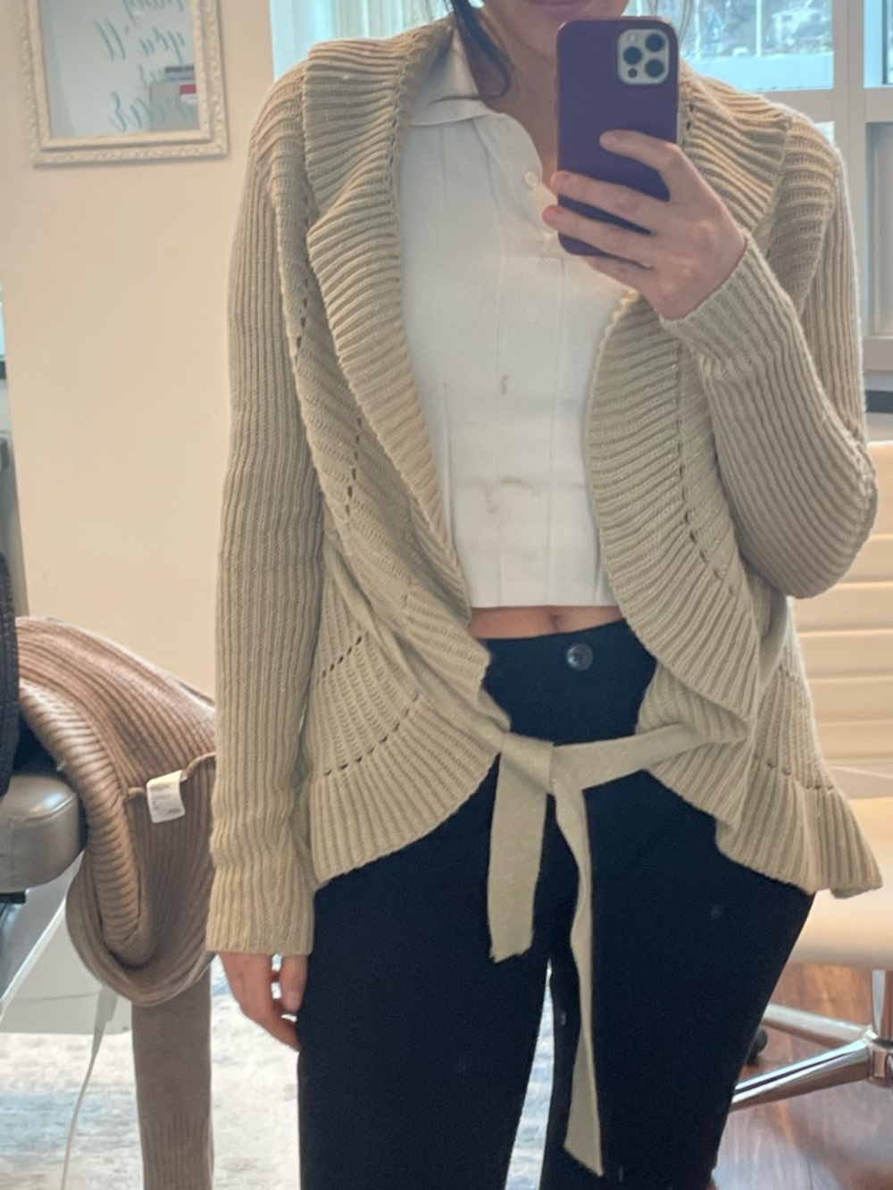 bebe Open-Front Belted Knit Cardigan - Light Beige - Picture 10 of 10